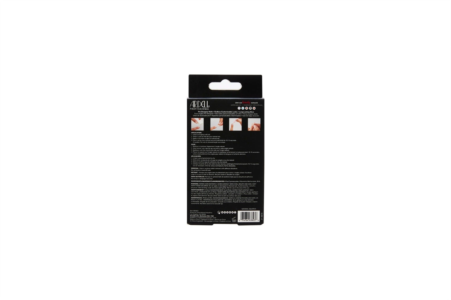 The back labeled details of Ardell Nail Addict Premium Artificial Nail Set in Natural long variant packaging