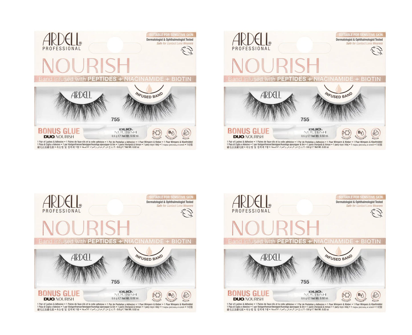 Four boxes of Ardell Nourish false eyelashes on a white background