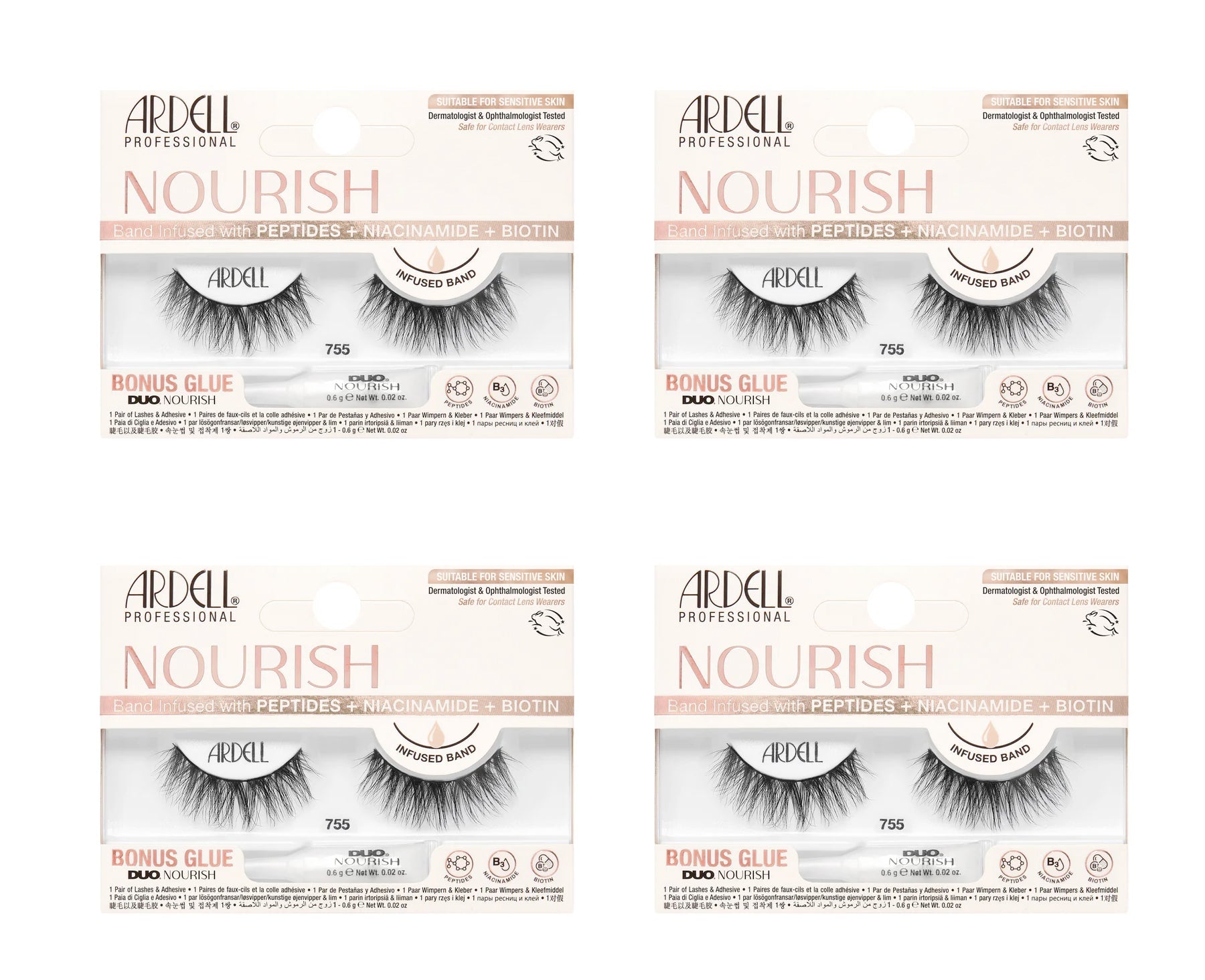 Four boxes of Ardell Nourish false eyelashes on a white background
