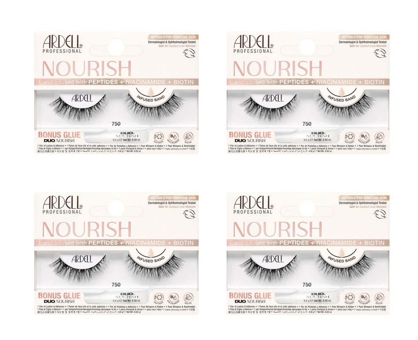 Four boxes of Ardell Nourish false eyelashes on a white background