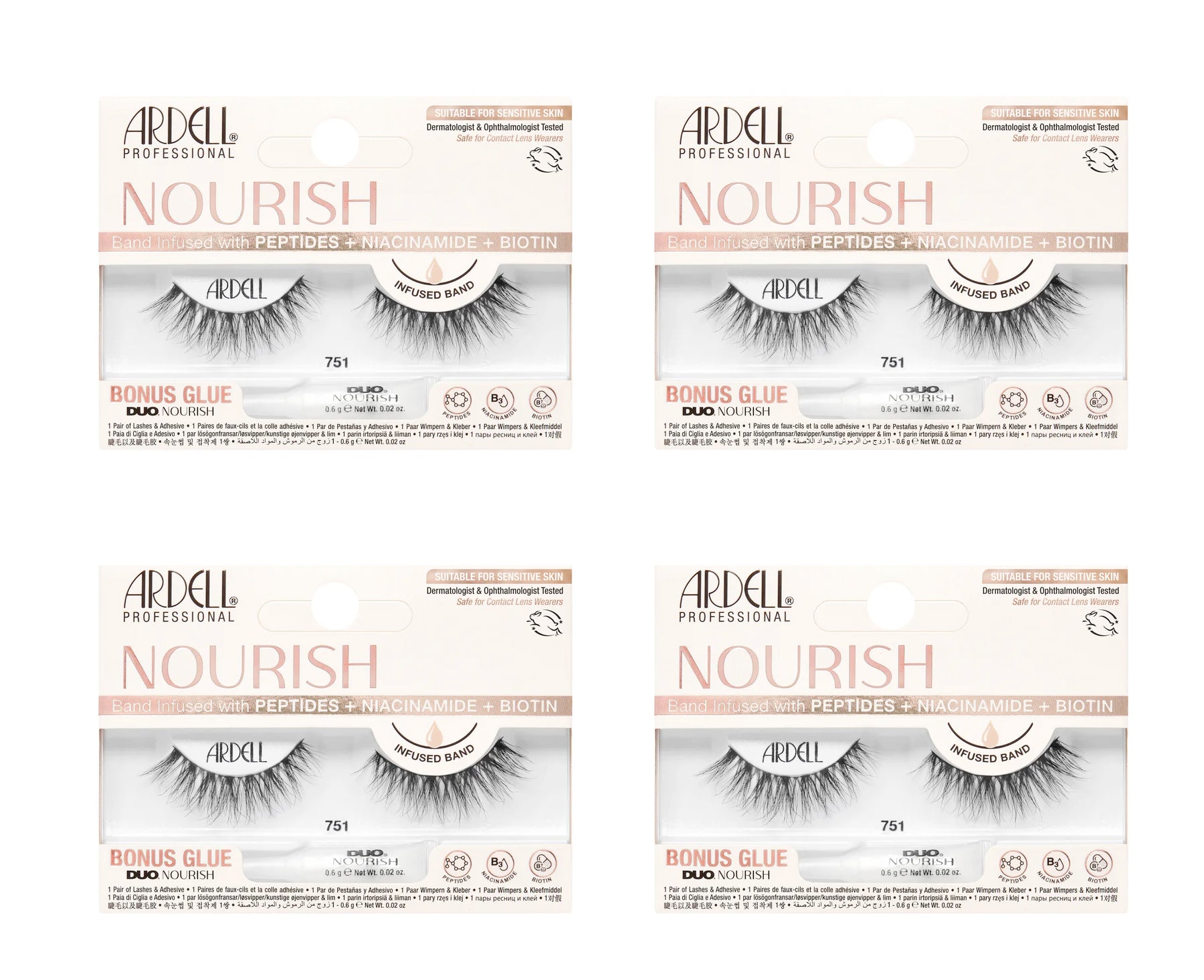 Four boxes of Ardell Nourish false eyelashes on a white background