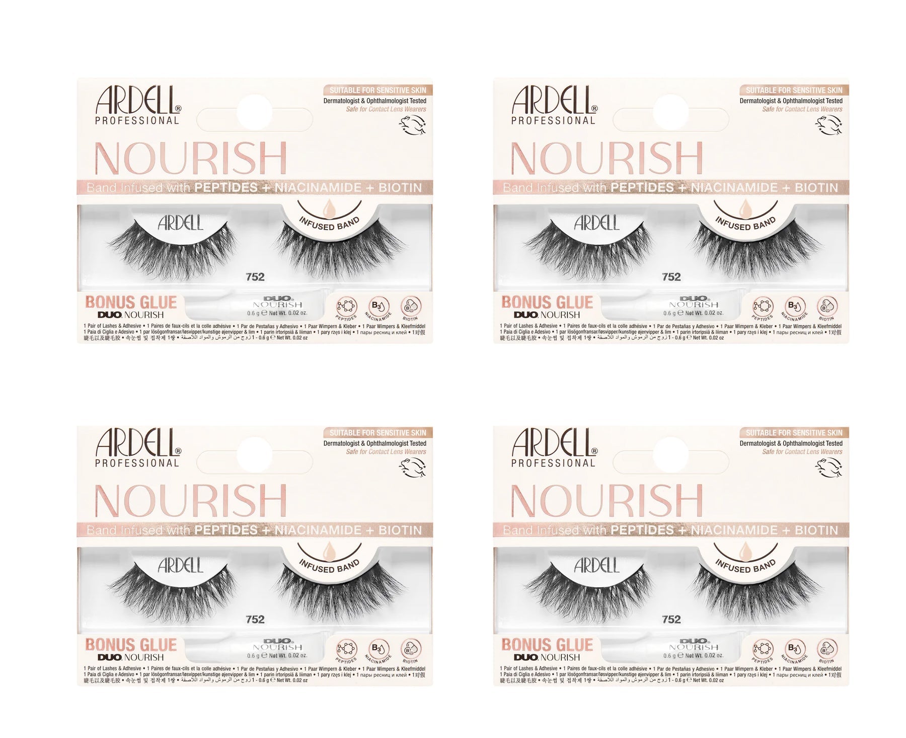 Four boxes of Ardell Nourish false eyelashes with visible branding and product details.