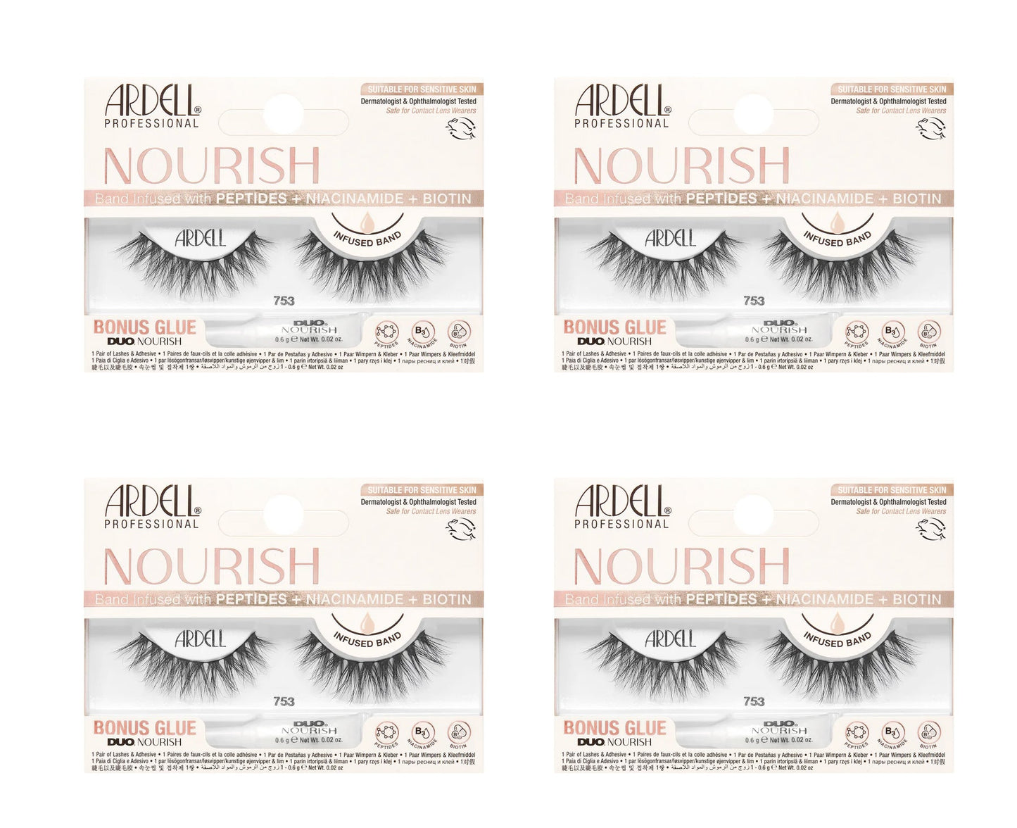 Four boxes of Ardell Nourish false eyelashes on a white background