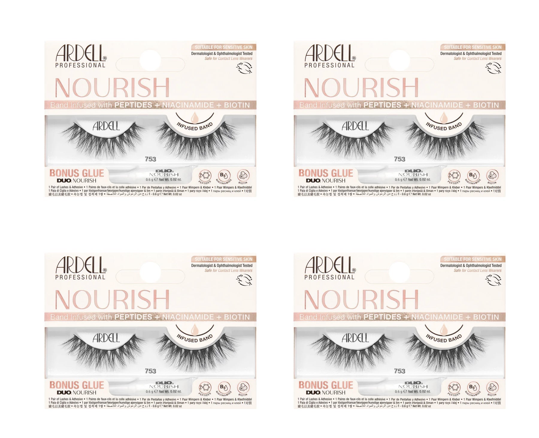 Four boxes of Ardell Nourish false eyelashes on a white background
