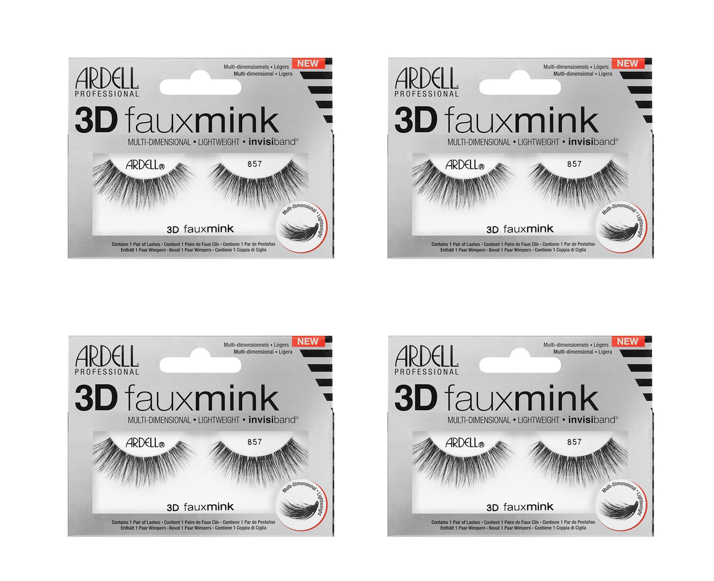 Four packages of Ardell 3D faux mink false eyelashes on a white background