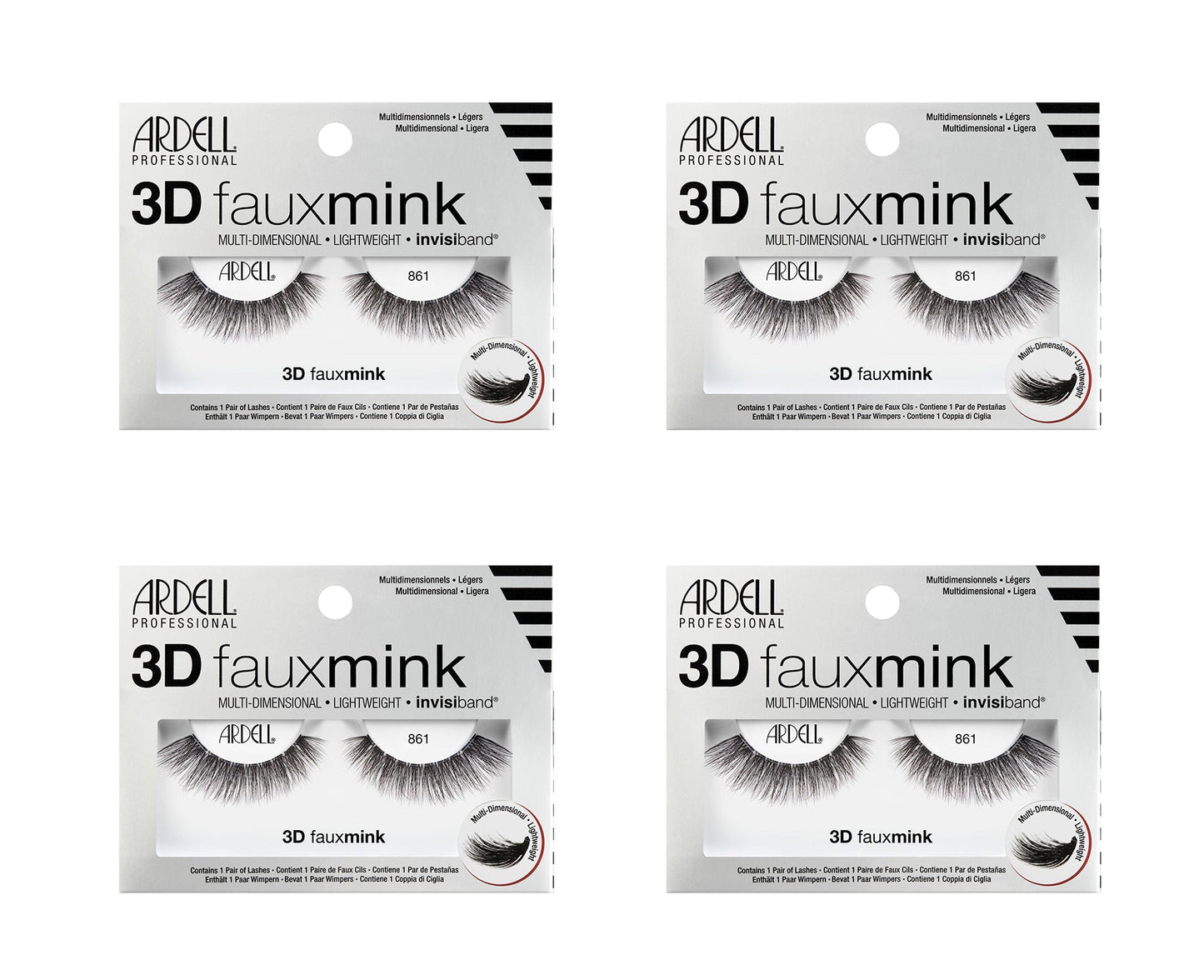 Four packages of Ardell 3D faux mink false eyelashes on a white background