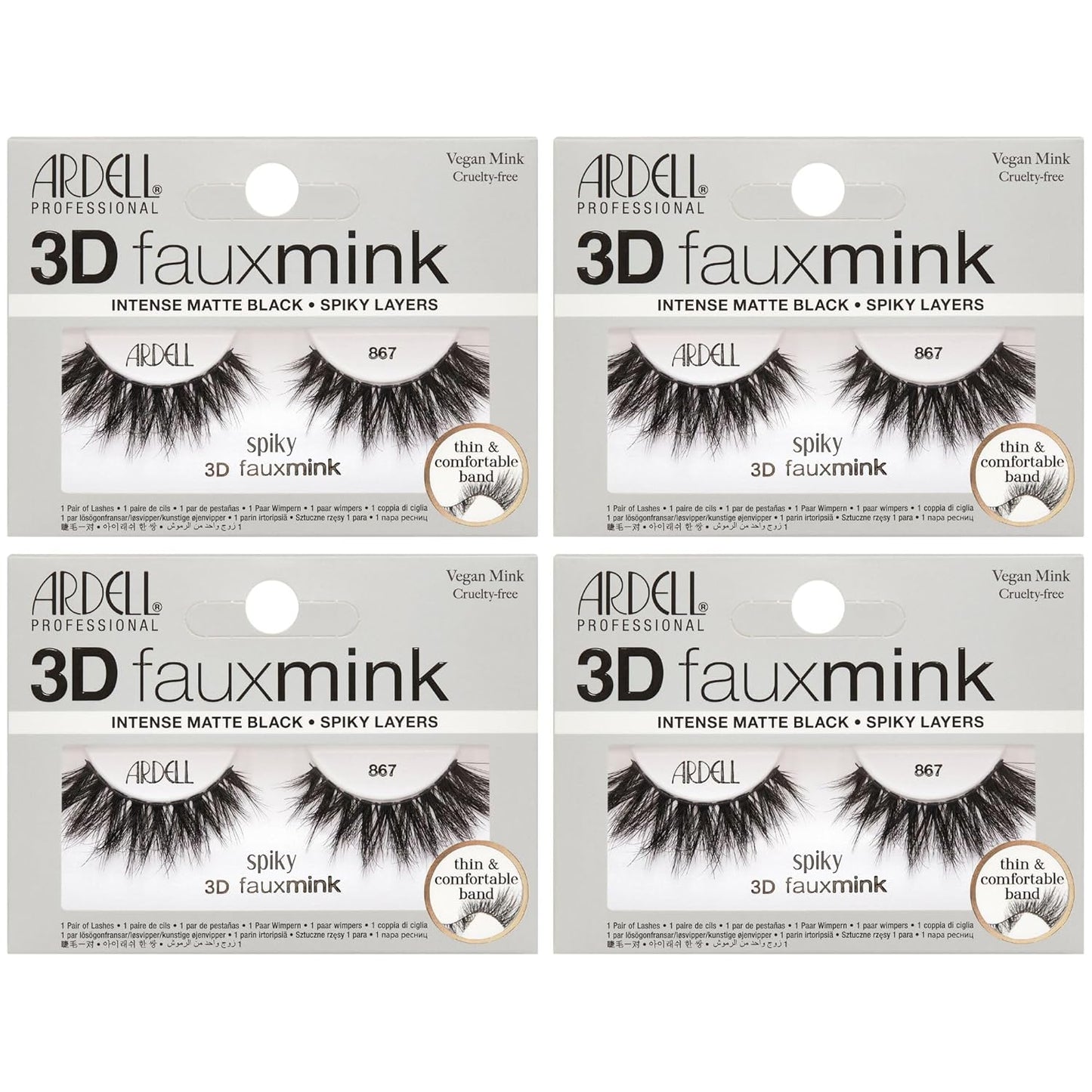 Four packages of Ardell 3D faux mink false eyelashes on a white background