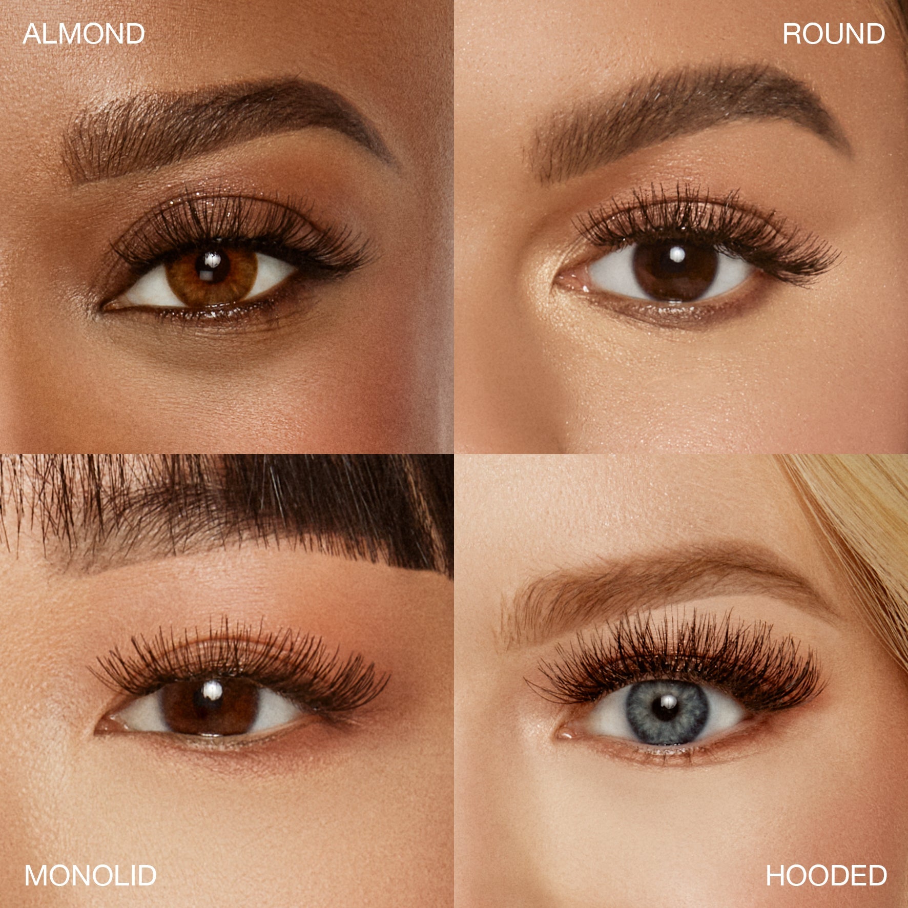 Close-up lash style comparison on four different eye shapes: almond, round, monolid, and hooded eyes