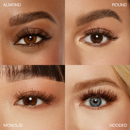 Close-up lash style comparison on four different eye shapes: almond, round, monolid, and hooded eyes