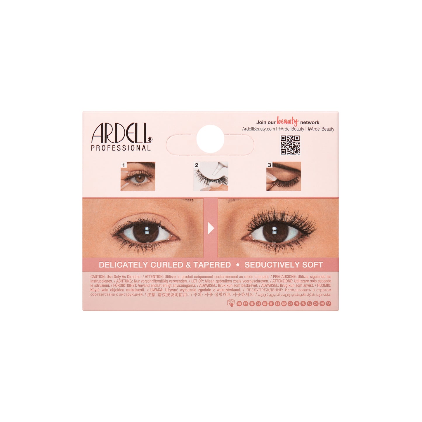 Ardell eyelash packaging with images of eyes wearing false eyelashes on a white background.