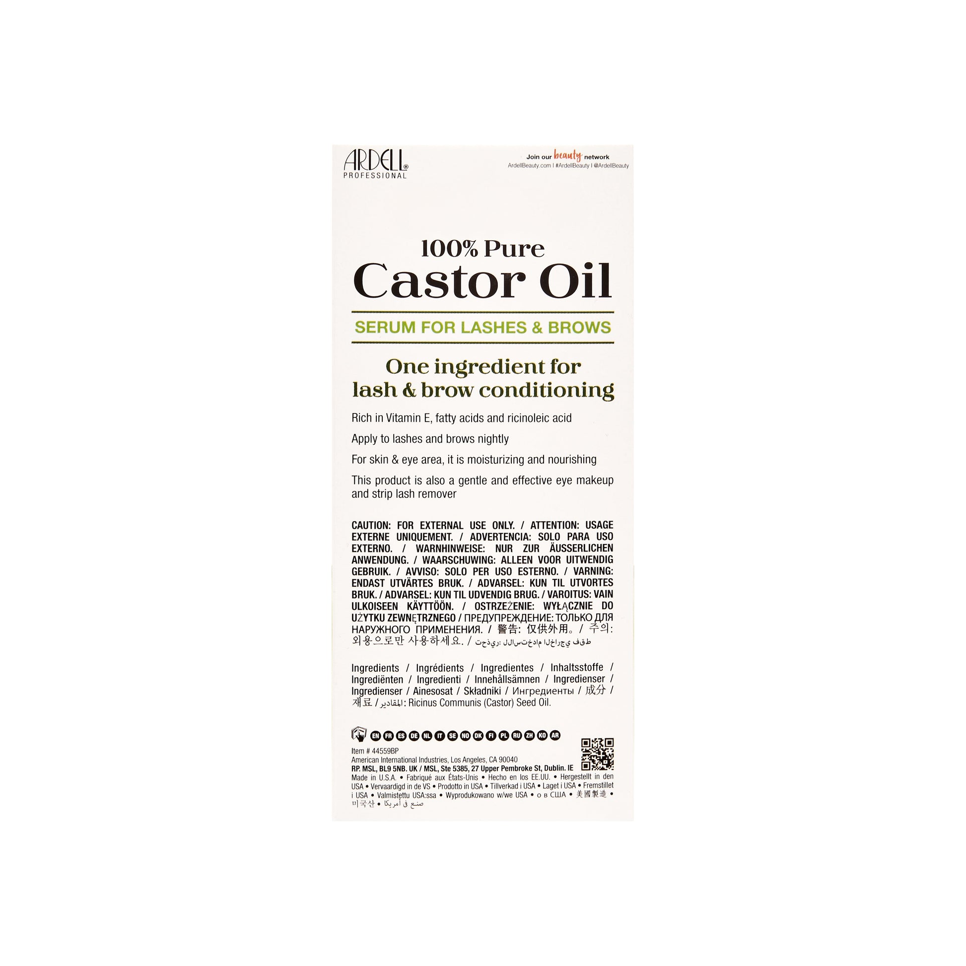 Back side of 100% Pure Castor Oil packaging on a white background