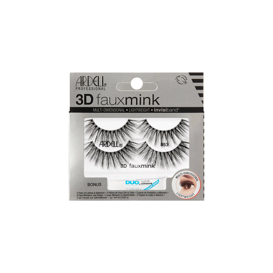 Ardell 3D Faux Mink 853 lashes with DUO glue for a full, multi-dimensional lash look that’s featherlight.