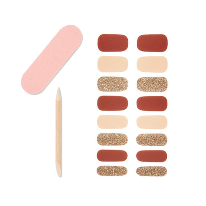 A set of nail art with 16 gel nail strips, 1 mini dual sided nail file and 1 orange wood stick.