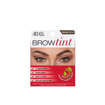 Ardell Brow Tint Medium Brown with 12 uses, gray coverage, and up to 2 weeks of natural brow color.