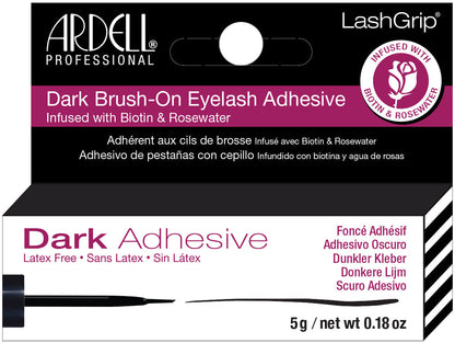 Angled view of Ardell LashGrip Brush-On Lash Adhesive Infused with Biotin & Rosewater in a complete retail wall hook packaging