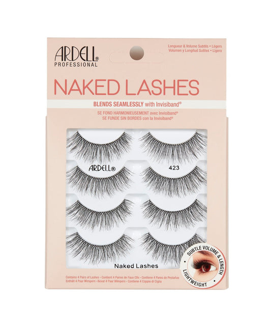 Front view of an Ardell Naked Lash 423 faux lashes set in complete multipack retail wall hook packaging