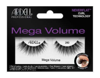 Front of Ardell Mega Volume 260 wall-hook ready packaging with product details written on it