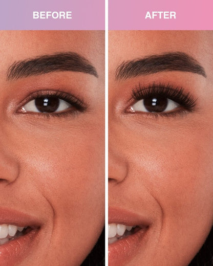 Before and after comparison of eyelash extensions on a woman's eye.