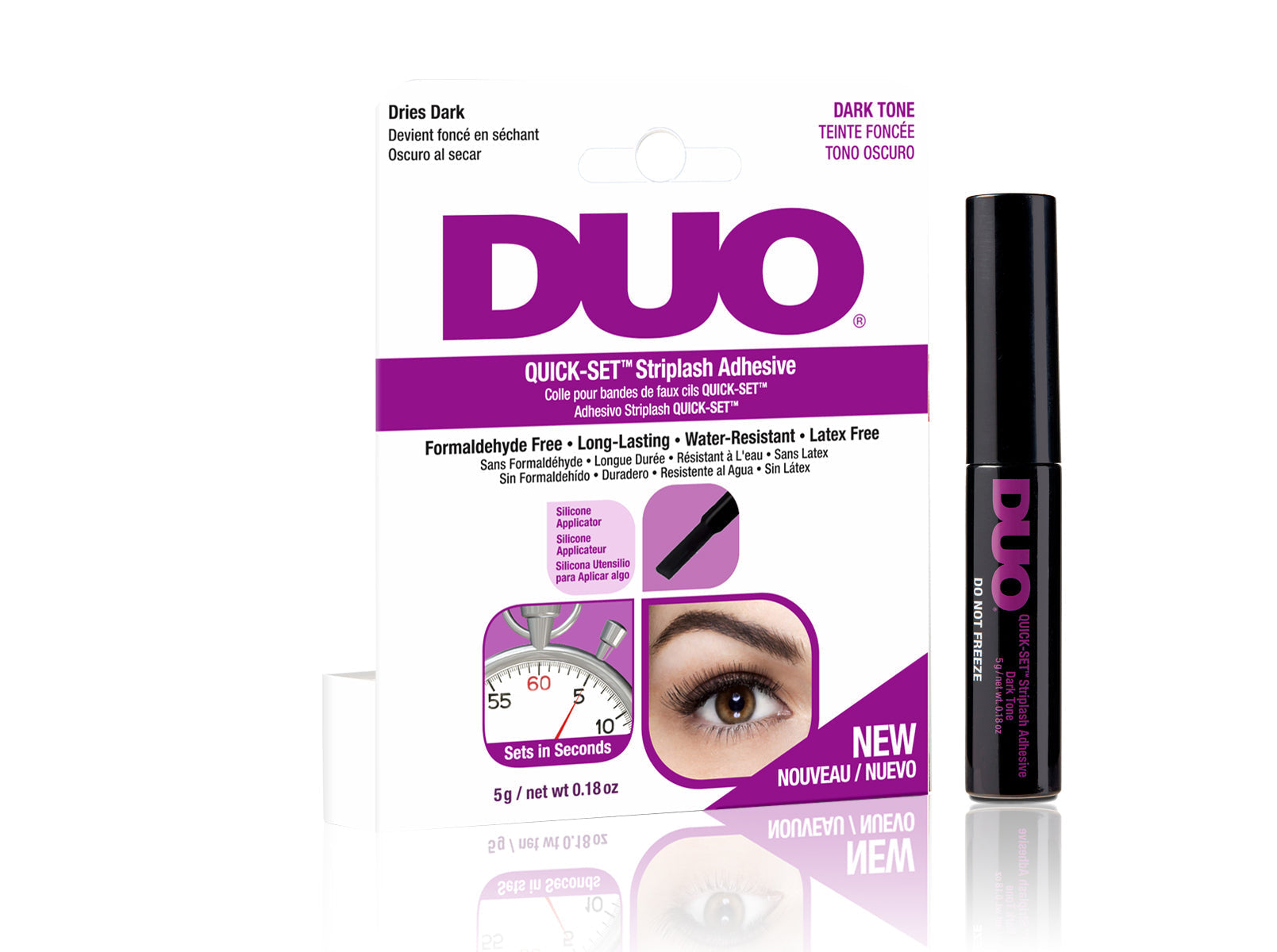 DUO Quick-Set StripLash Adhesive in dark tone, latex-free and water-resistant formula for fast-drying, secure lash hold.